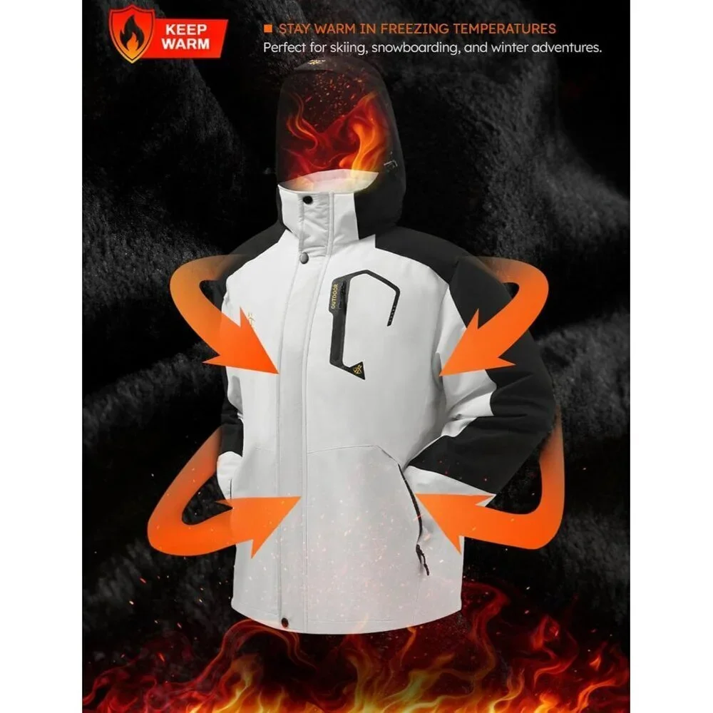 Men's White Waterproof Winter Warm Snow Coat Fleece Lined Hiking Ski Jacket